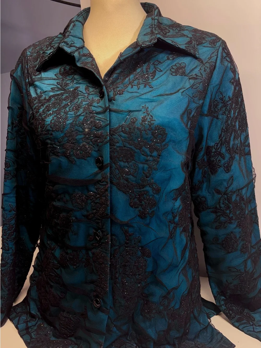 Coldwater Creek Teal Black
Flocked Floral Mesh Blouse
Glitter Shimmer Top L - Picture 2 of 7